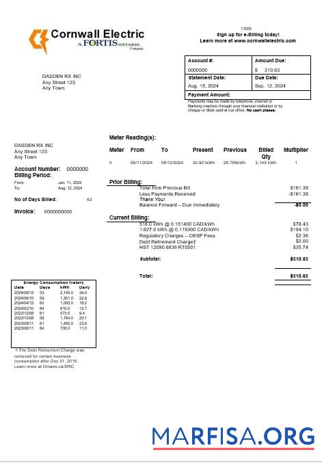 Downloadable USA Cornwall Electric business utility bill template in Word and PDF formats
